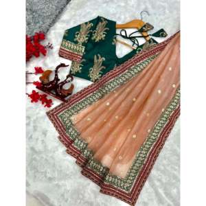 Saree de mariage de créateur avec broderie à paillettes et bordure en dentelle - Product Image 2
