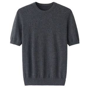T-shirt décontracté pour homme, uni, crème, manches courtes, 100% coton, col rond, tricoté, coupe classique - Product Image 4