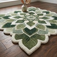Tapis d'intérieur Mandala Feuille Verte Inspiré de la Nature, Tapis Doux et Tufté à Motifs Botaniques, Tapis Décoratif Moderne pour Salon et Chambre à Coucher