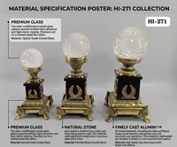 Un ensemble époustouflant de 3 supports décoratifs en aluminium de style vintage, avec des sphères de cristal facettées sur des socles robustes et ornés.