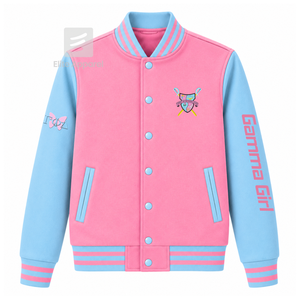 Chaqueta universitaria personalizada de la hermandad Gamma Phi Delta, azul cielo y rosa, manga larga, cierre frontal con cremallera, cuello con ribete, logotipo bordado, algodón - Product Image 1
