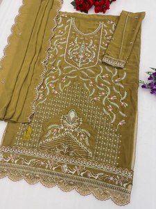 Salwar Kameez vert olive en rayonne brodé pour femme avec dupatta – Tenue traditionnelle indienne et pakistanaise, coupe ample longueur ras du sol - Product Image 2