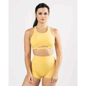 Soutien-gorge de sport jaune pour femme, à dos nu et découpes, maintien moyen, respirant, couleur unie, sans couture, pour le yoga et le fitness - Product Image 1
