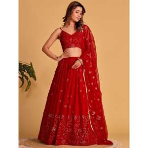 Spectacular <b>Red</b> <b>Sequins</b> Georgette Semi-Stitched Reception Wear Lehenga Choli by Zeel Clothing - Product Image 6