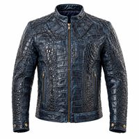 Veste en cuir de crocodile pour homme MH, style motard, col montant, fermeture éclair, coupe ajustée, pour l'automne