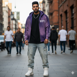 Sudadera con capucha pesada estilo streetwear con cremallera, logo serigrafiado, pedrería personalizada, efecto desgastado por el sol, disponible en diferentes tallas. - Product Image 2