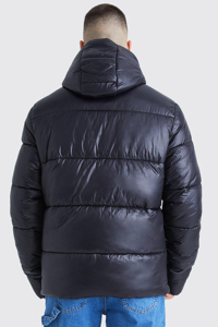Men's Black Thick Eco-Friendly Puffer Jacket Winter Cotton Filled Windproof Casual Stand Collar <b>Covered</b> <b>Button</b> Front Patchwork - Product Image 4