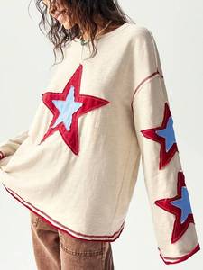 Star Applique Women Sweatshirts Oversized Exposed Back Seam Streetwear Pullover Premium Cotton Hoodies Manufacturer - Product Image 6