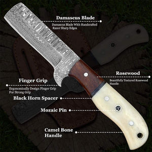 Couteau de boucher western plein pied en acier Damas avec étui en cuir pour la chasse et le camping - Product Image 2