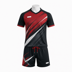 Conjunto de uniforme de rugby sublimado con cuello en V a rayas rojas, negras y blancas para hombre, manga corta, absorción de humedad, ajuste atlético, uniforme para adulto - Product Image 1