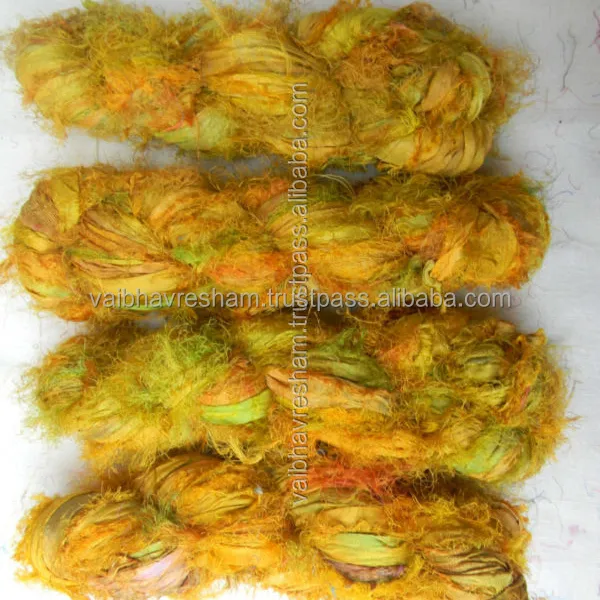 Recycled Sari Silk Mix Yellow Fuzzy Ribbon For Knitting & Craft Work