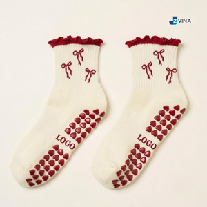 <b>Custom</b> Logo Ruffle <b>Grip</b> <b>Socks</b> Manufacturer Cotton Cute Bow Red Color Crew <b>Socks</b> With Silicone Non Slip Sole for Pilates Yoga - Product Image 2