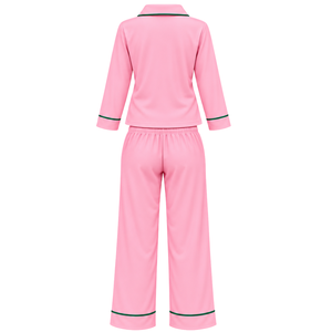 Women's Pink Pajama Set with Green Piping and AKA® 1908 Embroidery <b>Long</b> Sleeve Button Front Shirt Matching Drawstring Trouser - Product Image 2