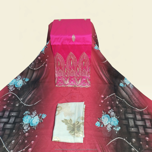 Tela Floral de Lujo Rosa Estampada con Diseño Suizo Dirac y Borde Bordado para Vestidos de Fiesta Somalíes - Product Image 1