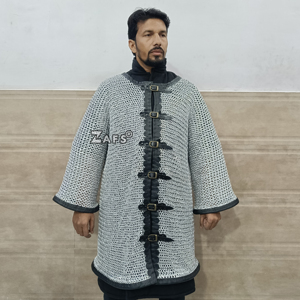 เสื้อเกราะโซ่ยุโรปยุคกลางทำมือ  วงแหวนอะลูมิเนียมแบบเรียบติดหมุด  ตกแต่งด้วยหนัง  ชุดคอสตูมสำหรับการแสดงประวัติศาสตร์ - Product Image 2