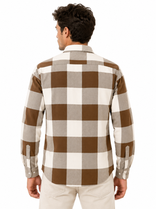 Brown Beige Checkered <b>Plaid</b> <b>Shirt</b> for Men with Long Sleeves Classic Spread Collar Button Front Closure Regular Fit Casual Wear - Product Image 3
