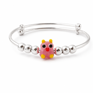 925 Sterling Silver Kids Animal Bead Bangle <b>Bracelet</b> High Polish <b>Cute</b> Pink Enamel Design Girls Daily Wear Party Gift Jewelry - Product Image 3