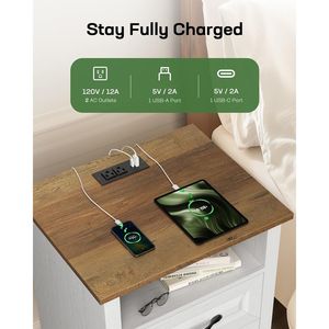 Comodino in Stile Rustico con Ripiano Aperto e 2 Cassetti, Stazione di Ricarica, Mobile Contenitore per Camera da Letto - Product Image 3