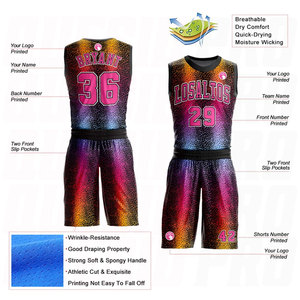 Maillot de basket-ball personnalisé noir, rose et or à imprimé fourrure animale, col rond, sublimation, sans manches, tenue de sport performante pour équipe - Product Image 2