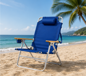 Silla de Playa Plegable Azul de Aluminio con Brazos de Madera y Portavasos, Muebles de Exterior Contemporáneos - Product Image 4