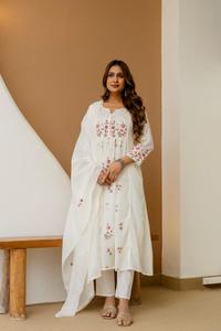 <b>Women's</b> <b>White</b> Embroidered Cotton Knee-Length Salwar <b>Suit</b> Dupatta Traditional Regular Fit Casual Wear Quick Dry India Pakistan - Product Image 3