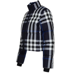 Women Winter Plaid <b>Quilted</b> Puffer <b>Jacket</b> Stand Collar Full Sleeve Short Length Thick Warm Coat Polyester Wadding Zipper Closure - Product Image 3