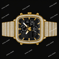 Jam Tangan Analog Digital Kotak Berlapis Emas Bezel Kristal Dial Hitam Multi Fungsi Jam Tangan Mewah Fashion Untuk Pria Wanita Hadiah