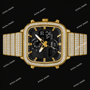 Gold Iced Square Digital Analog <b>Watch</b> Crystal Bezel <b>Black</b> Dial Multi Function Luxury Fashion Timepiece For Men Women Gift - Product Image 2