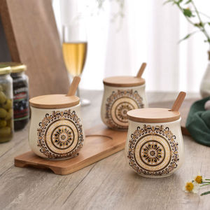 Wholesale Luxury 10oz <b>Kitchen</b> Home Decor Ceramic Salt Sugar Spice Jar Set with Bamboo Lid Tray set - Product Image 6