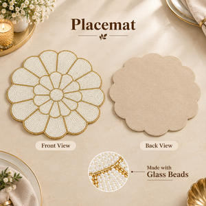 Floral Glass <b>Beaded</b> <b>Placemat</b> Ivory Gold Petal Table Mat Handmade Dining Decor Layered Flower Design | Elegant Table Setting mats - Product Image 2