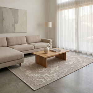 Tapis en laine tufté à la main beige ivoire vieilli, motif médaillon, antidérapant, écologique, pour salon et hôtel - Product Image 4