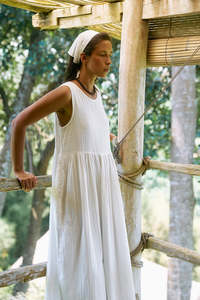 Vestido Maxi de Gasa de Algodón para Mujer, Liso, Teñido, Ecológico, Transpirable, Lavable, Sin Mangas, Holgado, Casual, de Verano - Product Image 3