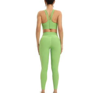 Women Green Seamless Knitted Spandex Activewear Set Spaghetti Strap Crop <b>Top</b> Full Length Leggings Stretch Breathable Quick Dry - Product Image 2