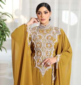 Elegant Mustard Yellow Abaya With Beaded Embroidery High Neck Long Sleeve Floor Length Modest Dress For Wedding India - Product Image 4