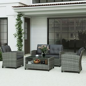 Set di mobili da giardino in vimini rattan PE grigio scuro da 4 pezzi con tavolino a due livelli e cuscini - Product Image 2