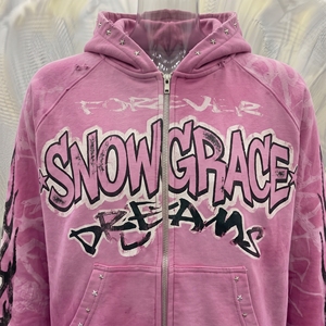 Snowgrace <b>Pink</b> Hooded Zip-Up <b>Sweatshirt</b> French Terry Oversized Streetwear Design Pocket Front Print Autumn Wear Unisex - Product Image 5