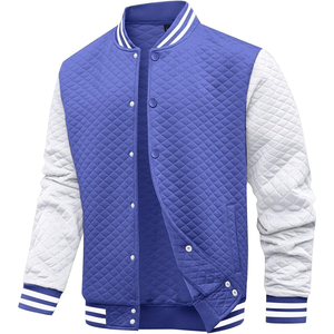 <b>Men's</b> Royal Blue Varsity <b>Jacket</b> Color Blocking Button Closure Turn-down Collar Casual Style Autumn Wear Regular Fit - Product Image 1