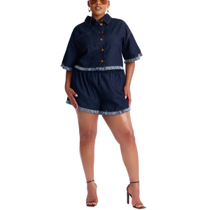 Women Solid Short <b>Denim</b> Top High Waist <b>Stretch</b> Ripped Frayed Hem Button Zipper Eco-Friendly Waterproof Summer Washed Custom - Product Image 3