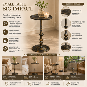 Antique Bronze Metal <b>Side</b> <b>Table</b> <b>Round</b> Accent <b>Table</b> with Raised Edge Top, Turned Pedestal Stem & Weighted Base for Living Room - Product Image 6