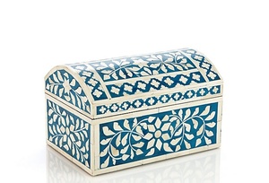 Handcrafted Royal Blue Bone Inlay Square <b>Floral</b> <b>Box</b> Artisan Blue and White <b>Floral</b> Vine Bone Inlay Jewelry <b>Box</b> Premium - Product Image 3