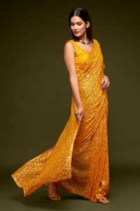 Sari de Lujo Amarillo con Lentejuelas, Sari de Georgette con Bordado de Lentejuelas para Ceremonia Haldi, Sari de Diseñador para Bodas Indias y Fiestas - Product Image 3