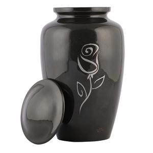 Urne funéraire cylindrique en aluminium noir brillant, finition métallique, motif floral, durable, légère, pour le stockage des cendres. - Product Image 1
