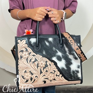 Bolso tote de lujo personalizado para mujer, de cuero de vaca con pelo, grabado a mano, con asa superior floral vintage, para hombro y viaje - Product Image 1