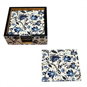 Ensemble de 6 sous-verres en MDF avec support, imprimé floral bleu, sous-verres carrés pour le thé, le café, les tasses, les mugs, les verres, protection de table - Product Image 1