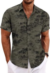 Chemises en coton et lin légères pour hommes, à manches courtes, imprimé floral tropical, patte de boutonnage recouverte, pour l'été et la plage, vente en gros, ODM personnalisé - Product Image 5