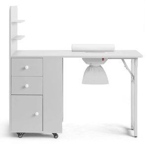 White MDF Nail Desk with 2 Drawers Cabinet Door and Storage Shelf Foldable Design - Product Image 3
