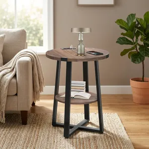 <b>Modern</b> Round Wood Side Table with Metal Legs and Storage <b>Shelf</b> Living Room Furniture with charging socket - Product Image 5