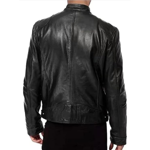 Novedades: Chaqueta de cuero para hombre, estilo universitario, negra, con cuello alto recubierto, logo frontal, corte ajustado, cremallera y bolsillos, para otoño. - Product Image 2