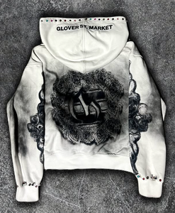 Sweat à capuche zippé surdimensionné pour homme, style rétro, avec rivets décoratifs, imprimé numérique, coupe courte, en molleton bouclette 450 g/m², délavé à l'acide, effet vieilli et patchwork - Product Image 2