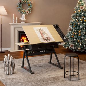 Tavolo da Disegno e Progettazione Regolabile in Acero con 2 Cassetti per Casa, Ufficio e Scuola, Include Sgabello - Product Image 1